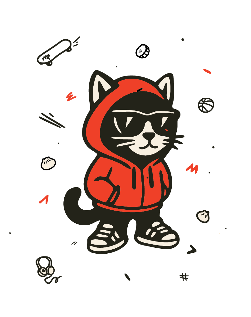 Illustration of a cat in a red hoodie with sunglasses on a white background surrounded by icons