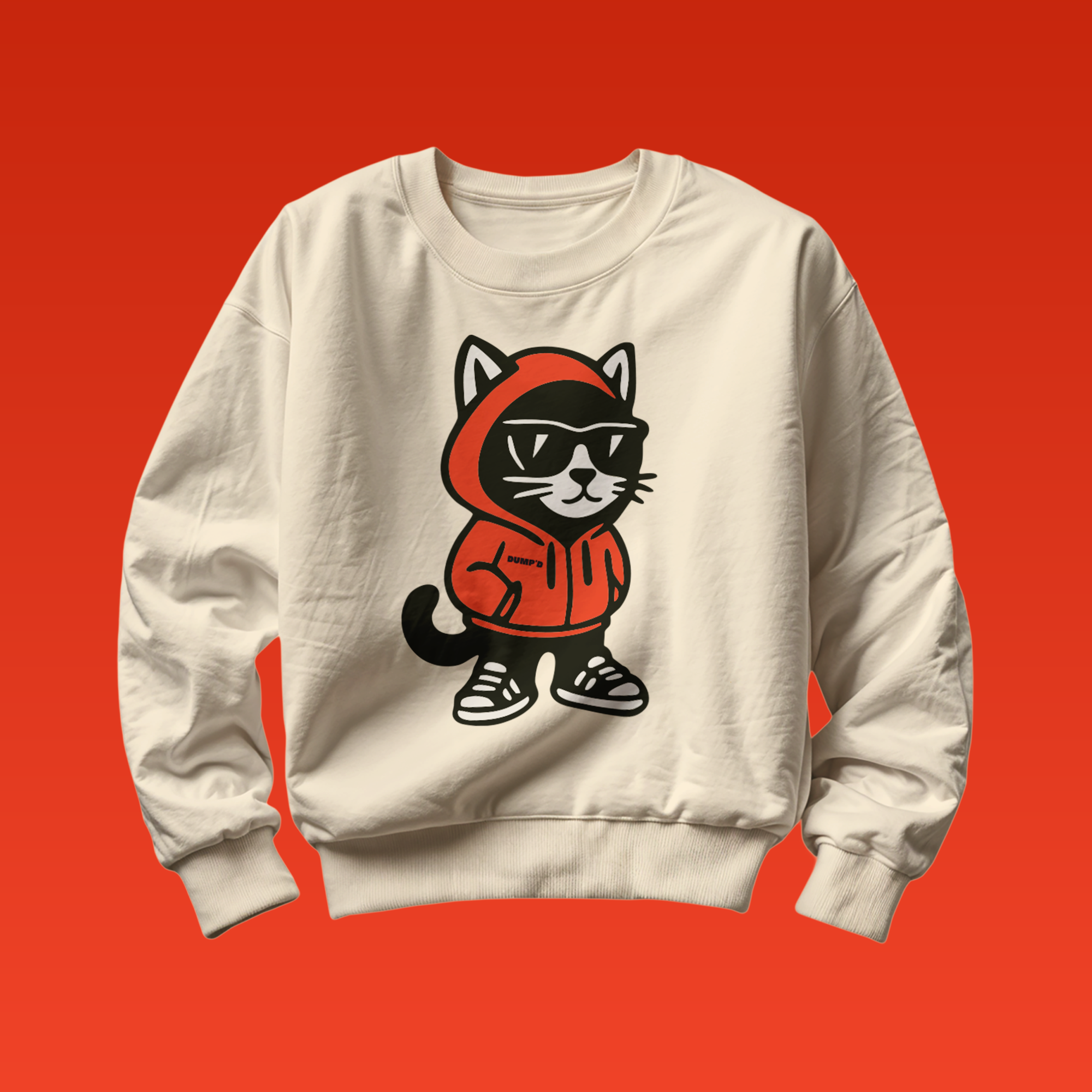 White sweatshirt with a black cat in an orange hoodie graphic on a red background