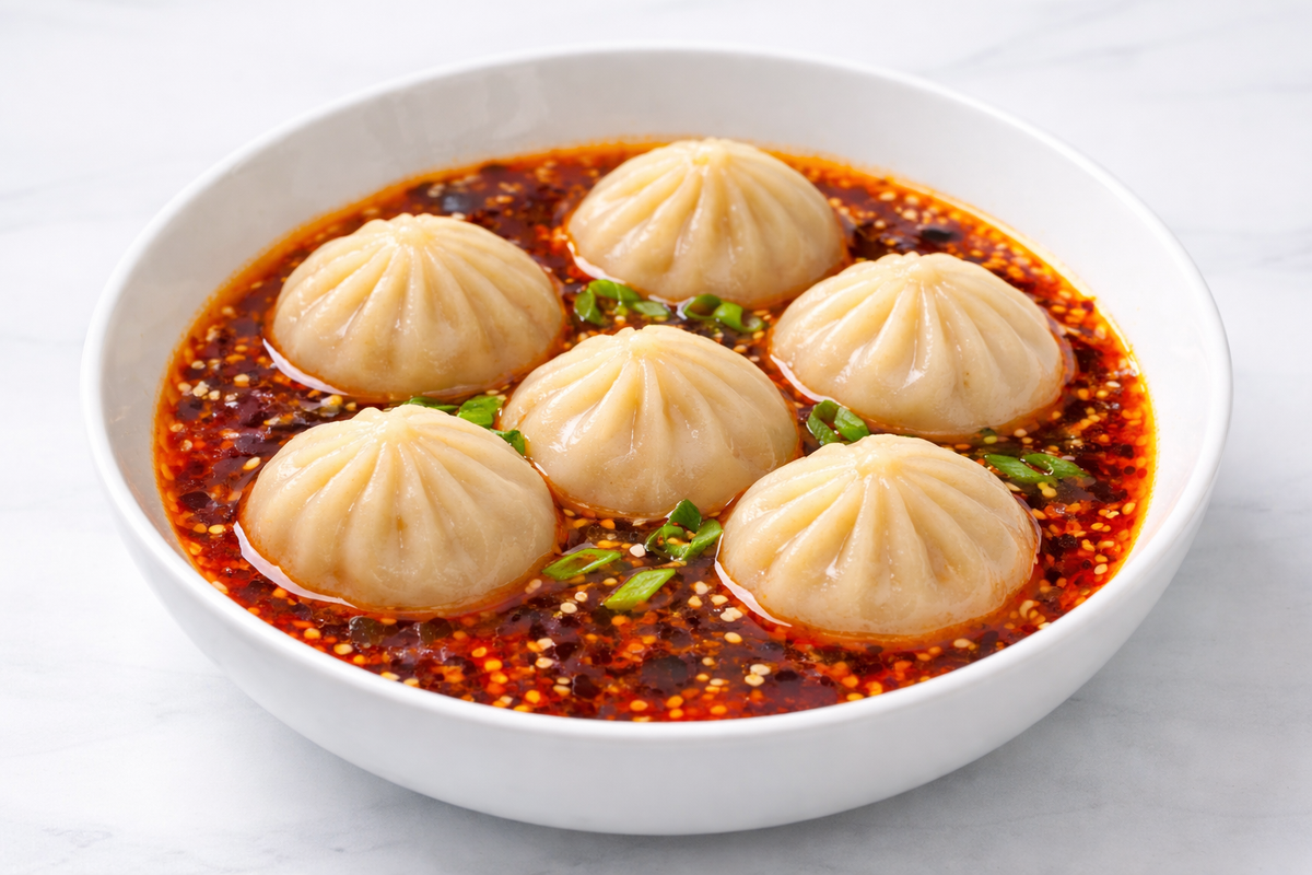 Bowl of chili oil dumpling soup with five steamed soup dumplings in a bright white bowl, finished with chili oil, sesame seeds, and scallions.
