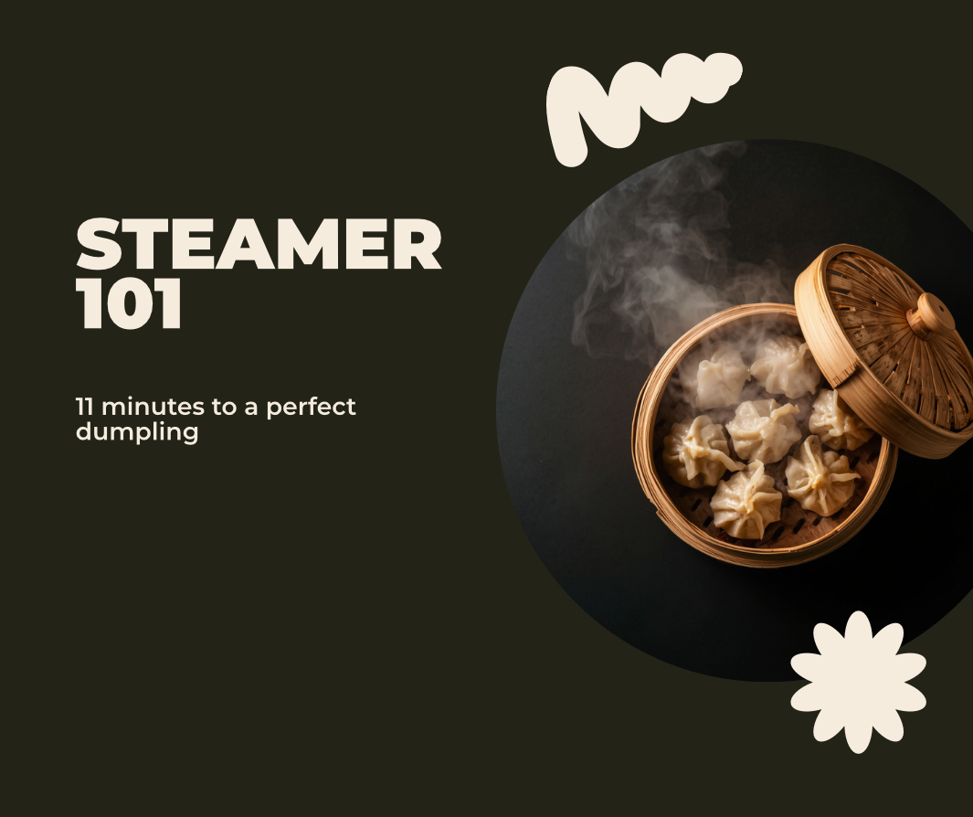 Bamboo steamer basket with Dump'd frozen dumplings, ready in eleven minutes