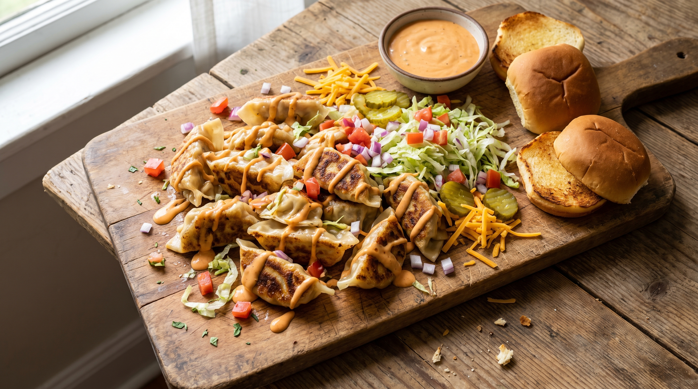 Wooden board piled with golden pan-fried cheeseburger dumplings drizzled in special sauce, topped with shredded lettuce, diced tomato, red onion, pickles and cheddar, with toasted slider buns alongside