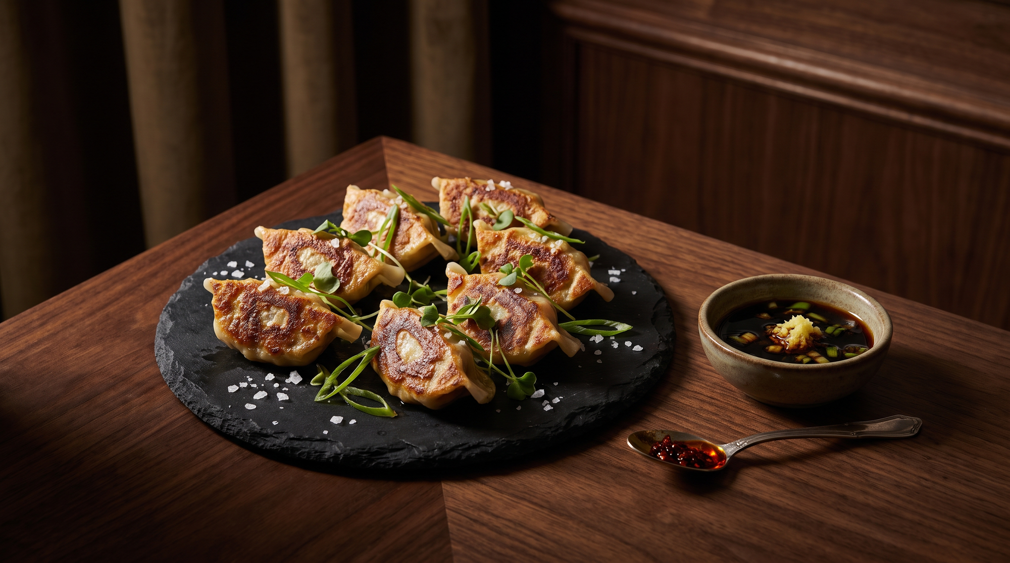 Seared Kobe beef dumplings plated flat-side-up on a dark slate plate with flaky sea salt and microgreens, next to a bowl of soy-ginger dipping sauce and a spoon of chili crisp