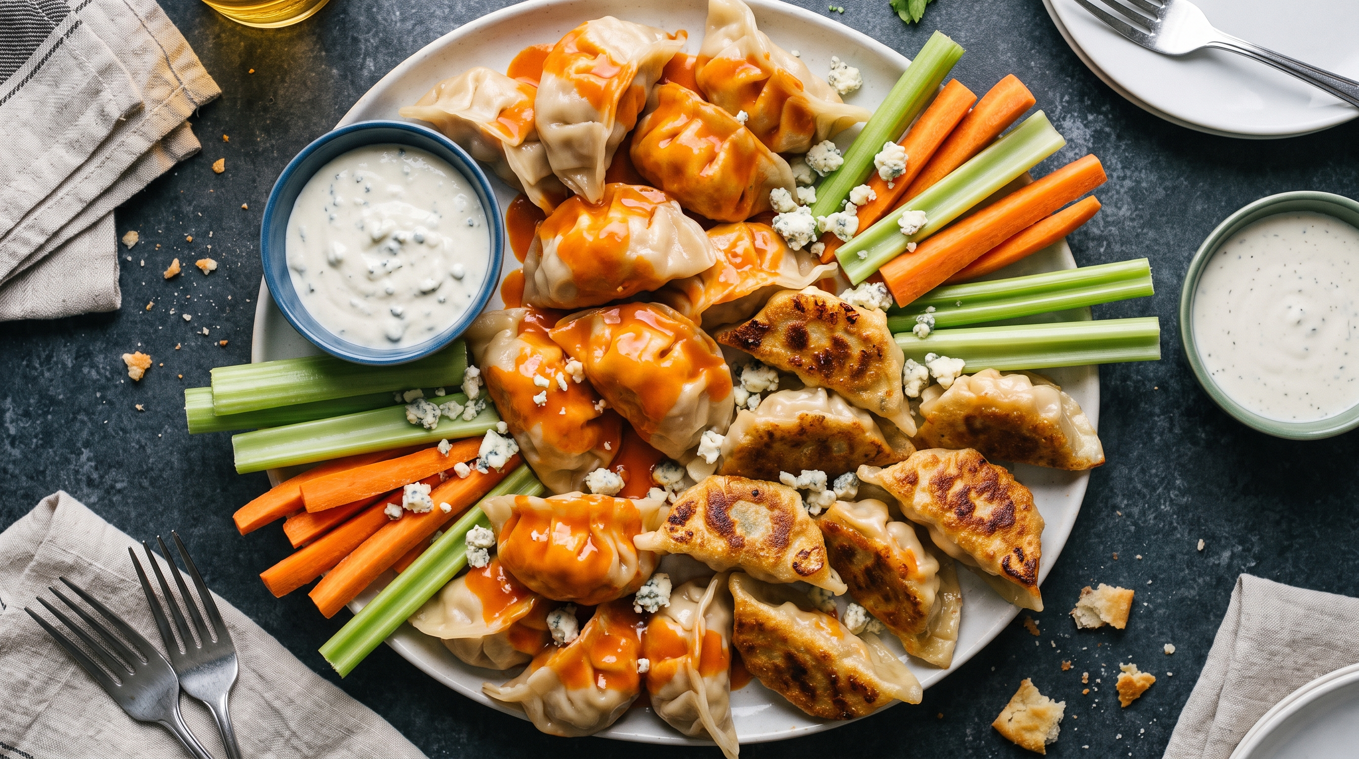 Overhead game-day platter of buffalo garlic chicken dumplings glossed in hot sauce with crumbled blue cheese, celery and carrot sticks, and bowls of blue cheese and ranch dressing