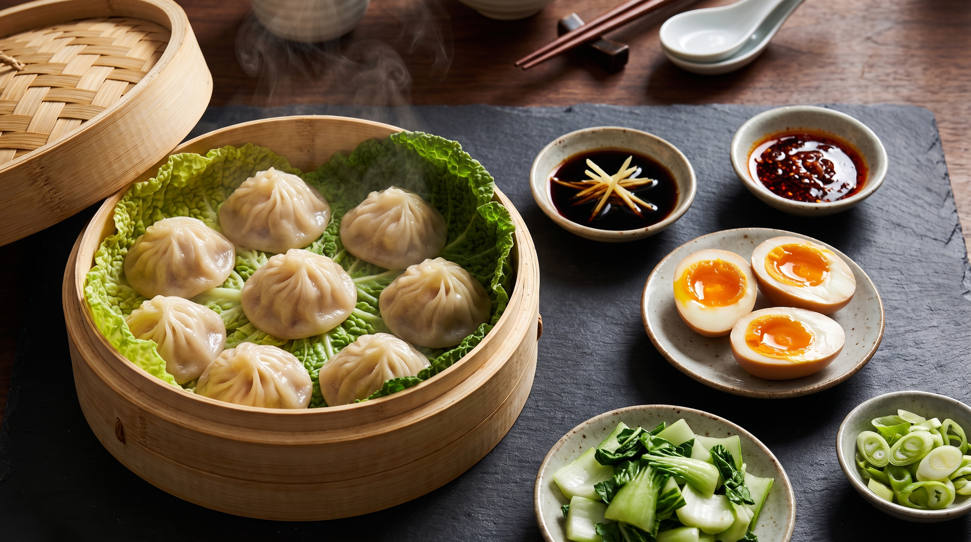 Bamboo steamer of pleated pork soup dumplings on cabbage leaves with steam rising, served with black vinegar and ginger, chili oil, soft-boiled eggs, bok choy and scallion