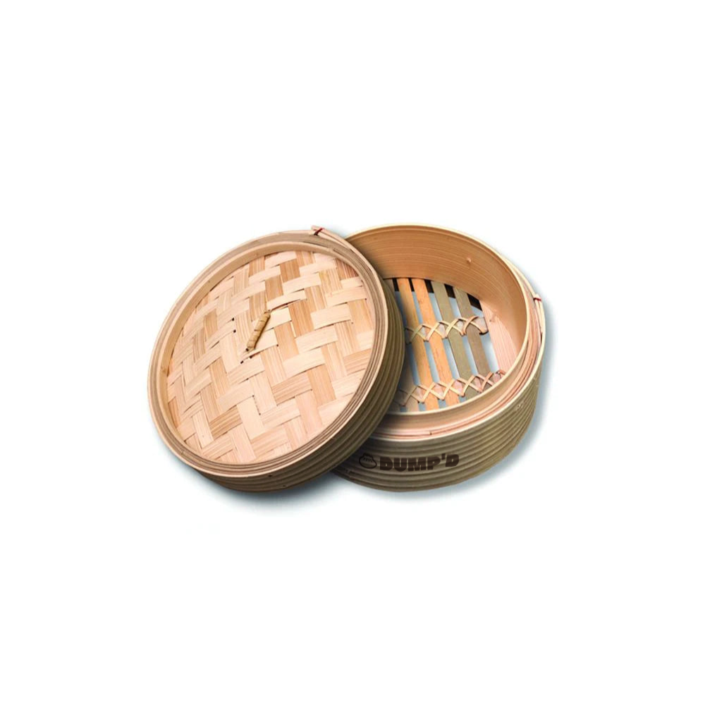 Bamboo steamer with lid and dump'd logo on a white background