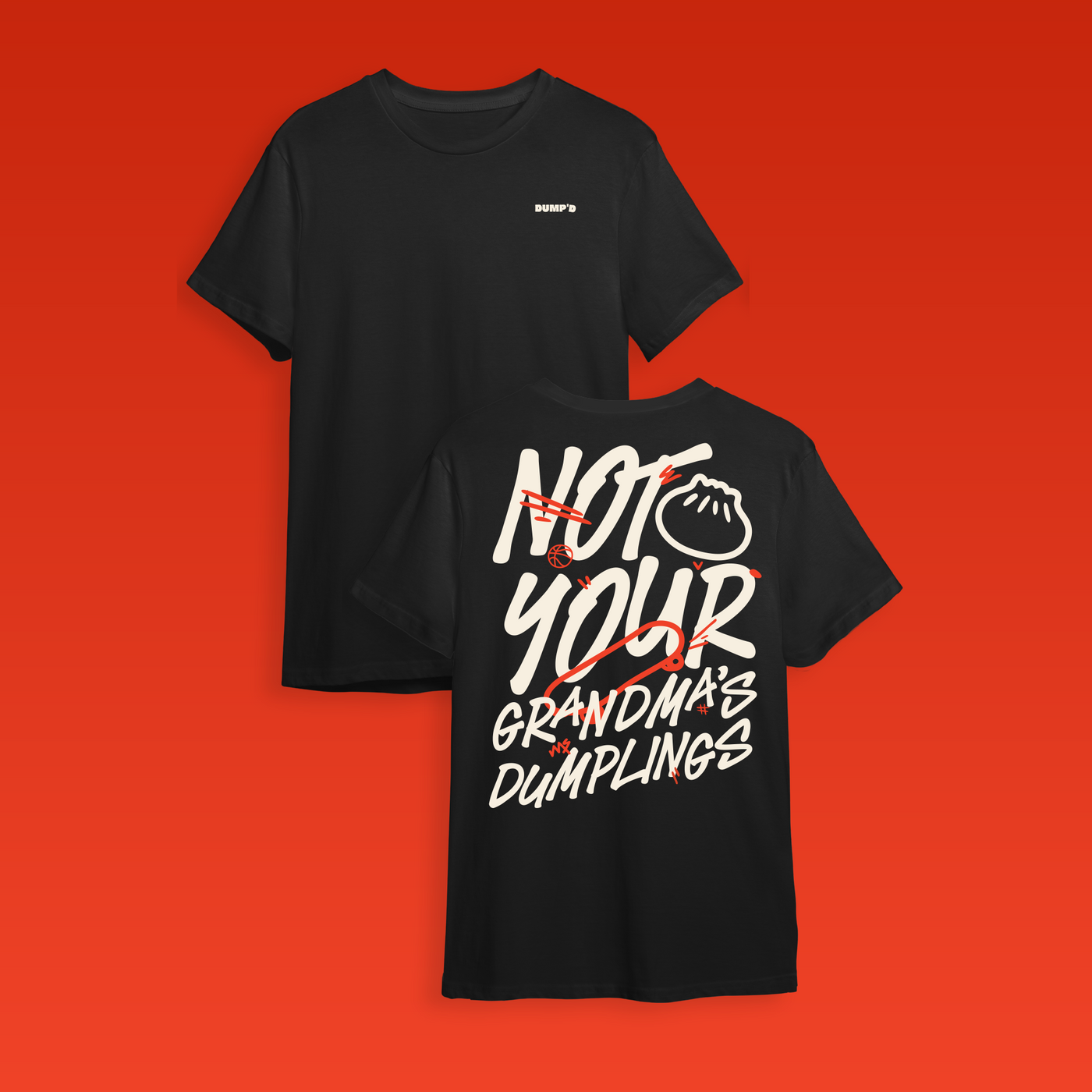 Black t-shirt with 'Not Your Grandma's Dumplings' text on a red background