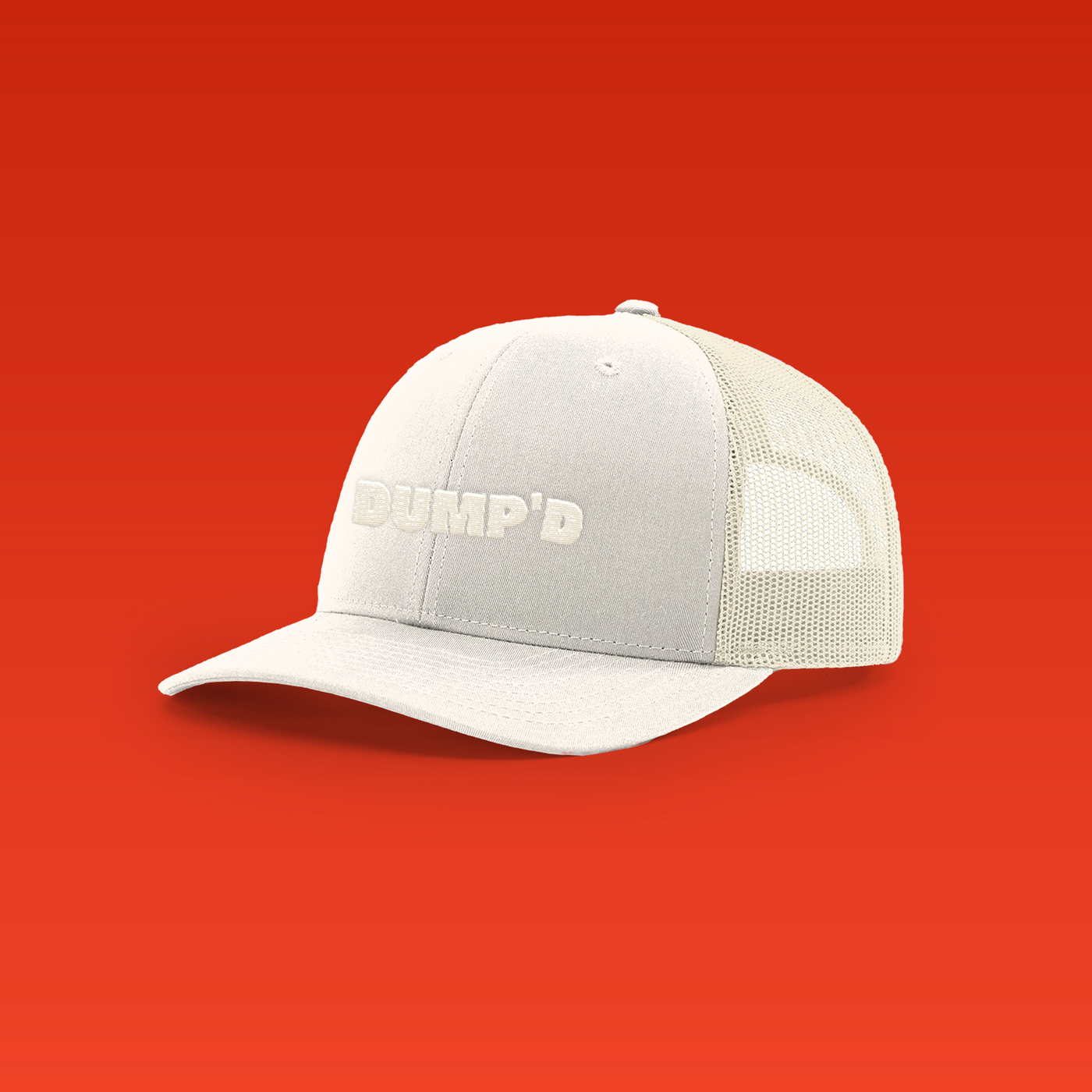 Gray cap with 'DUMP'D' text on a red background
