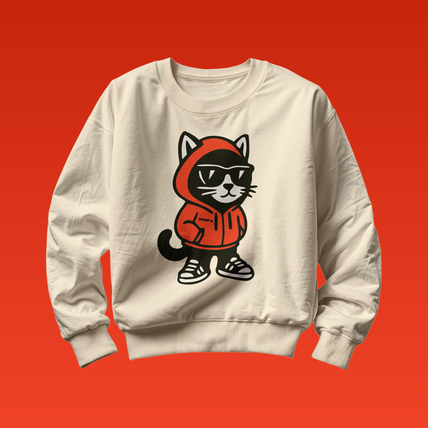 White sweatshirt with a black cat in an orange hoodie graphic on a red background