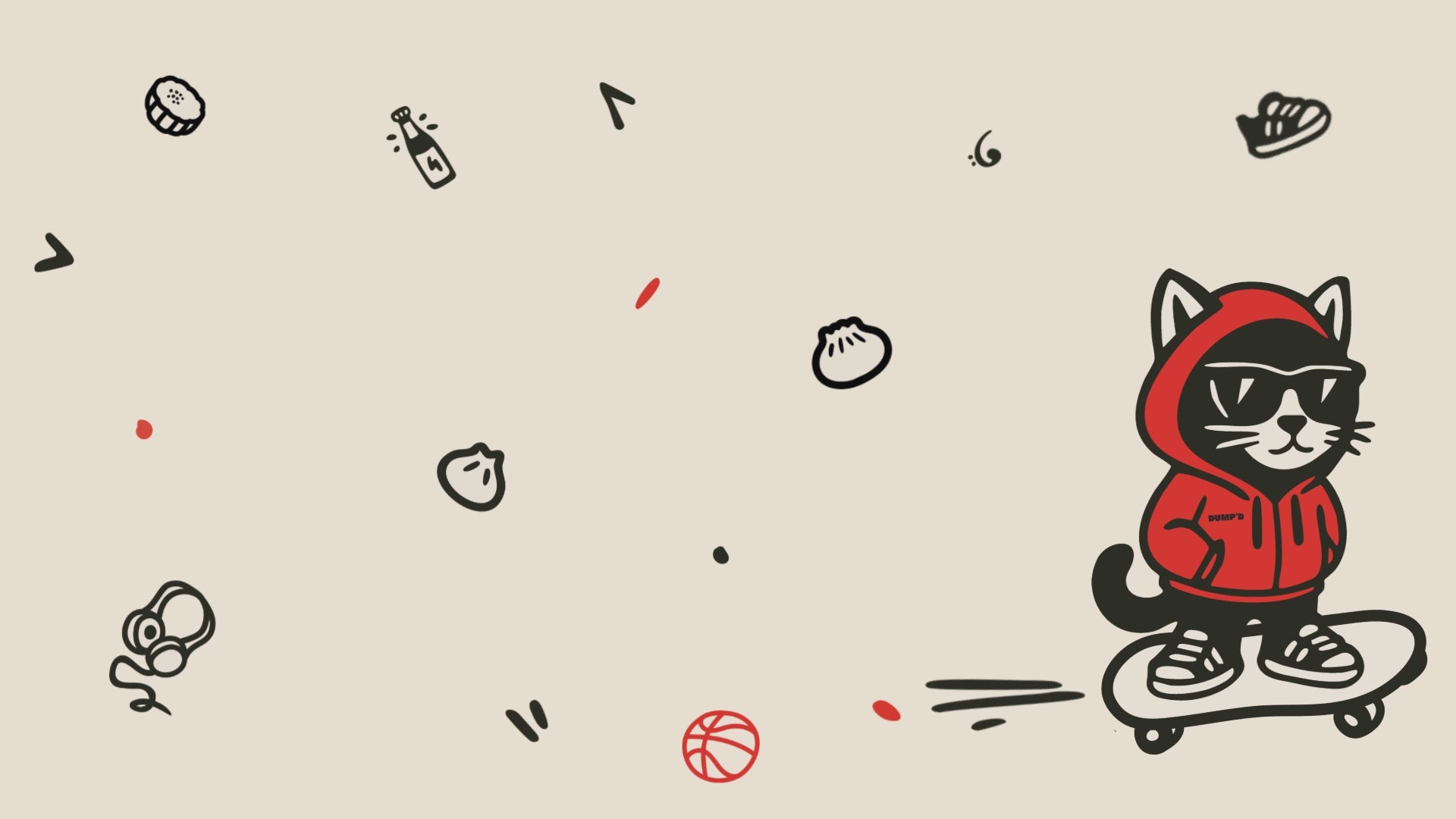 Cartoon cat in a hoodie and sunglasses skateboarding while illustrated objects fly by